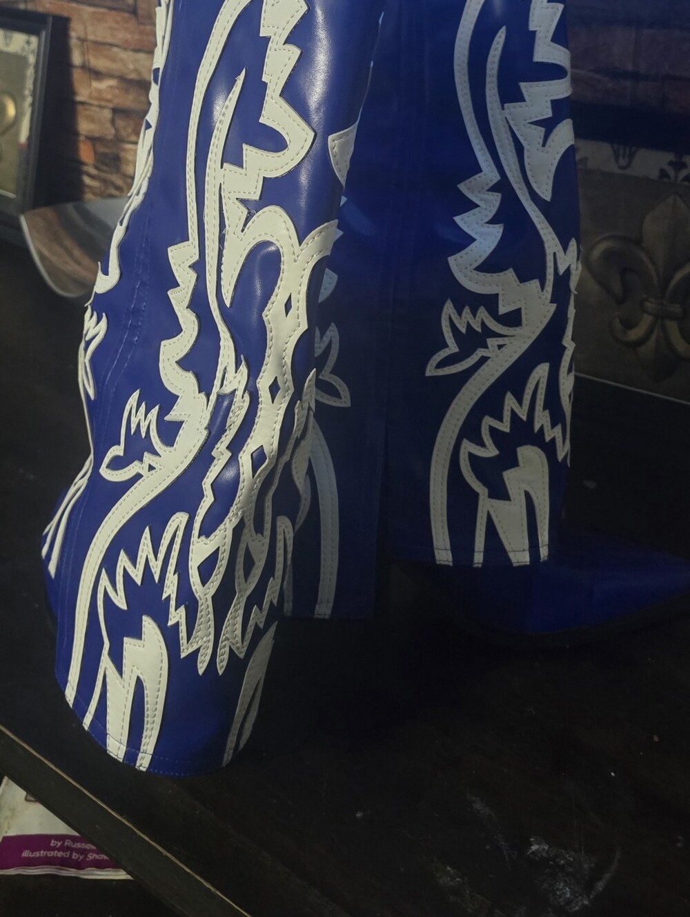 Women’s Royal Blue and White Heeled Western Boots - Picture 3 of 7
